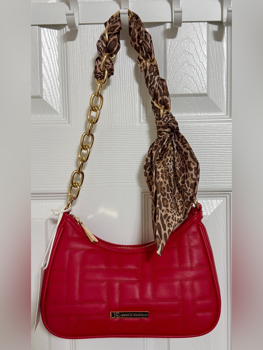 Jessica Simpson Red Quilted Shoulder Bag with Leopard Scarf Accent